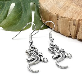 Lizard Charm Earrings, Tibetan Silver Gecko Charms on Nickel Free Hooks : 39mm long Fun Gift for Women, Reptile Lover Jewellery, Goth Fancy Dress Drop Earrings