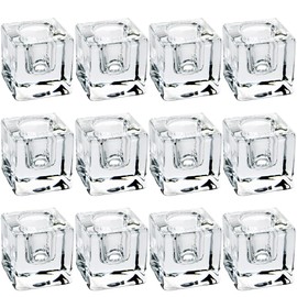 Aglary 12PCS Square Glass Taper Candle Holders for Table Centerpiece. Decorative Crystal Candle Stick Holder Sets. Candle Stand for Wedding, Dinning, Party.