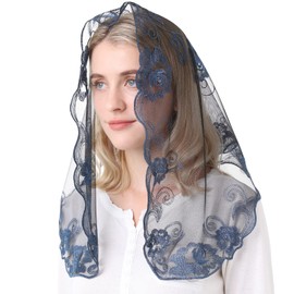 Ammmscaf - Velo capilla de encaje católico, masa, bordado para cubrir la cabeza, velo de iglesia, Azul marino y negro, 37.5" across by 19.7"