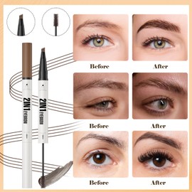 Eyebrow Pencil with Eyebrow Gel, 2-in-1 Microblading Eyebrow Pen and Brow Gel with 4 Fork Tip & Precise Brush-Tip for Fuller-Looking Defined Brows, 24H Wear, Waterproof & Smudge-proof, Black Brown