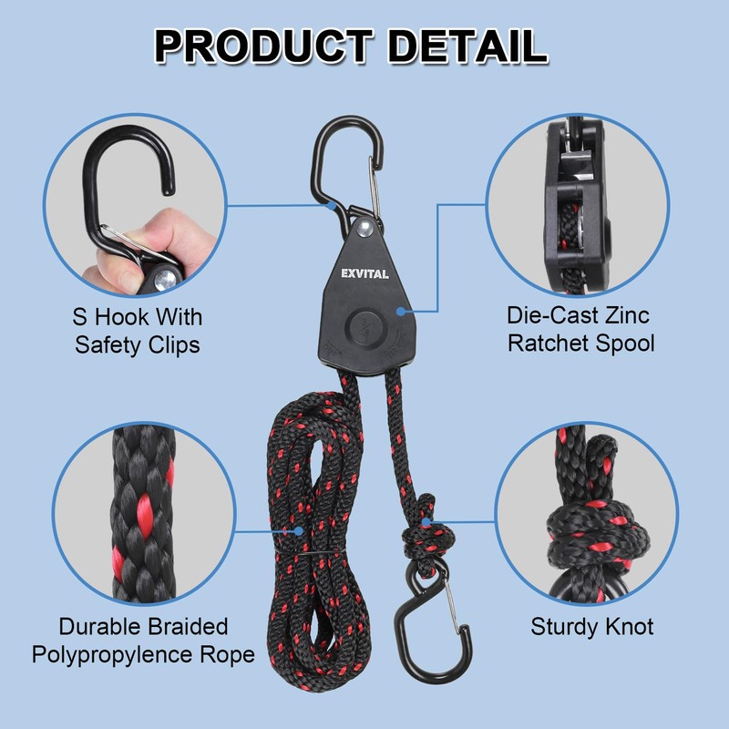 2PCS Kayak Rope Ratchet Tie Down Straps 3/8" ×12' Bow