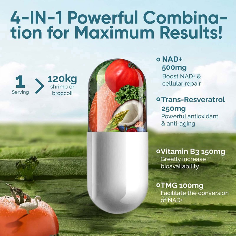 NAD+ Supplement 1000mg, 120 Count High Purity NAD+ for Cellular