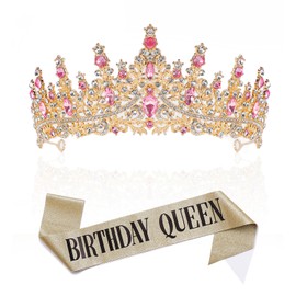 BEAYFILY Crown and Tiara for Women, Girls, Brides in Gold and Pink for Birthday, Wedding Decorations
