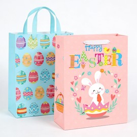 STPIYFZU 2 Pack 13" Large Easter Gift Bags with Handles, Rabbit Egg Design Reusable Paper Easter Bag for Egg Hunts Kids Party Supplies, Gift Wrapping