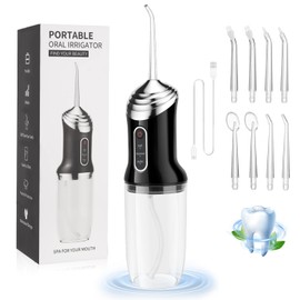 Irrigador Bucal, 3 Modos de Limpieza y 8 Puntas,Limpieza Dental Portatil 320ml, Irrigador oral recargable USB, IPX7 impermeable, Ideal para Viajar y para Uso Doméstico (Negro)