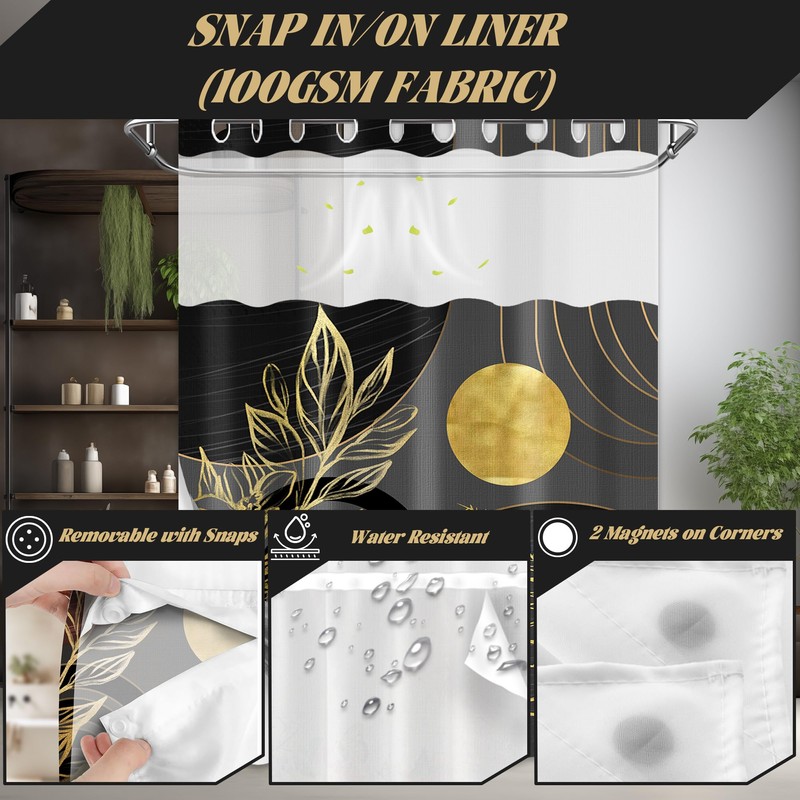 DLTAY Black and Gold Hookless Shower Curtain with Snap in