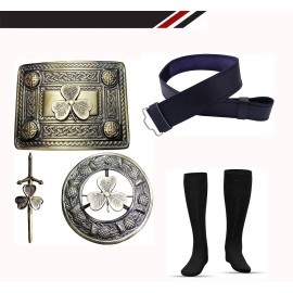 TWS Black Leather 5 Pcs Belt Set Shamrock Design Buckle Brooch & Kilt Pin - Men, L