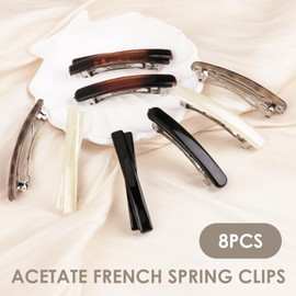 TNJPSEK 8 Pcs French Barrette Hair Clips for Women, 2.56 Inch Tortoise Shell Hair Clips, 2 Style Small Size Curved Glossy Thin Flat Hair Accessories for Fine Hair (Black, White, Leopard & Amber)
