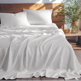 LBR02M 100% Linen Sheet Set California King Size, Bed Sheets 4 Piece Sets, Solid Color Natural Flax Bed Sheets Soft Breathable Bedding,16" Deep Pocket,All Season (Clifornia King, White)