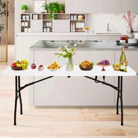 PIKAQTOP 6ft Plastic Folding Table - Heavy Duty Foldable Utility Table for Camping, Picnic, BBQ, Party - Portable and Easy to Carry - 500LBS Capacity - White