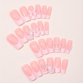 DANMANR Pink Fake Nails Bow False Nails Full Cover Acrylic Square Medium French Flower Fake Nails for Women and Girls 24PCS