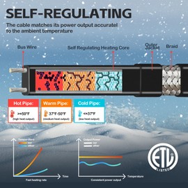 JDZKOMKE 100FT（3FT-200FT） Pipe Heating Cable for Pipe Freeze Protection, Heat Cable for Water Pipes(Metal and Plastic), Pipe Heat Tape Keeps Water Flowing at -40°F 8w/ft, 120V