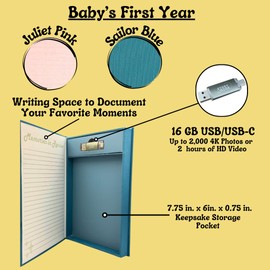 Baby’s First Year Keepsake Album: Physical and Digital Storage for Milestone Moments, Baby Memories, First Photos – Memory Box, Scrapbook, Photo Album with 16GB USB for Digital Photos (Cerulean Blue)