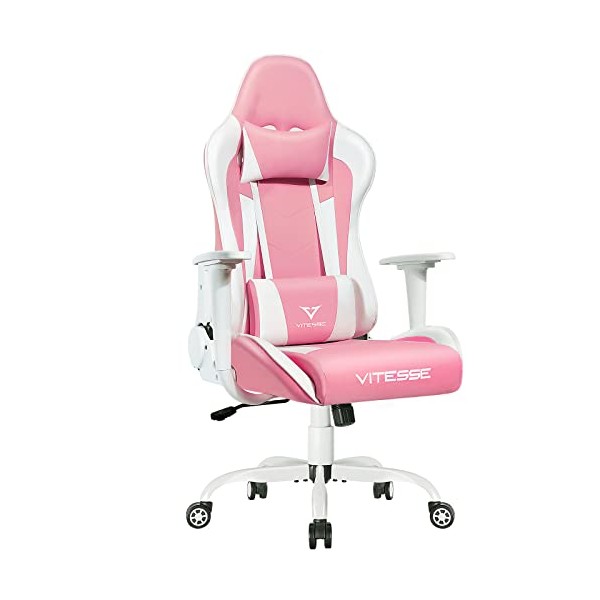 PUKAMI Pink Gaming Chair Cute Kawaii Gaming Chair for Girl Ergonomic Office Desk Chair Racing Office Chair Adjustable High Back Chair Game Chair Swivel Leather Chair with Lumbar Support and Headrest