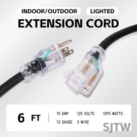 EP 6 Ft Outdoor Extension Cord, 12/3 SJTW Heavy Duty Waterproof Power Cable, 3 Prong Grounded Plug, Lighted End, for Lawn, Garden, Appliances, Black