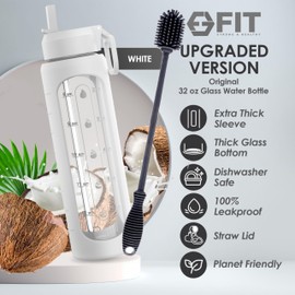 FIT Strong & Healthy Glass Water Bottle with Time Marker Reminder 32 oz - EXTRA LID, Reusable, Wide Mouth, Leakproof, Large Motivational Water Bottle, Waterbottle (White, Cleaning Brush)