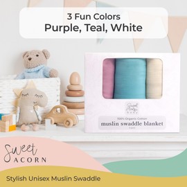Sweet Acorn Muslin Swaddle Blanket – Soft Cotton Muslin Baby Blanket for Newborns, Infants, and Toddlers, All-Season Comfort Baby Essential - Purple, Teal, White