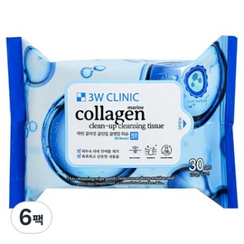 3W Clinic Marine Collagen Clean Up Cleansing Tissue 120g, 6 packs, 30 sheets / 3W클리닉 마린 콜라겐 클린업 클렌징 티슈 120g, 6팩, 30매