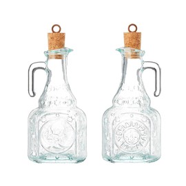 Bormioli Rocco Set Of 2 Country Home Helios Oil Bottle, 8-ounce With All Natural Cork Lid, Blue-green Tinted Star Glass, Elegant And Floral Design Made In Italy.