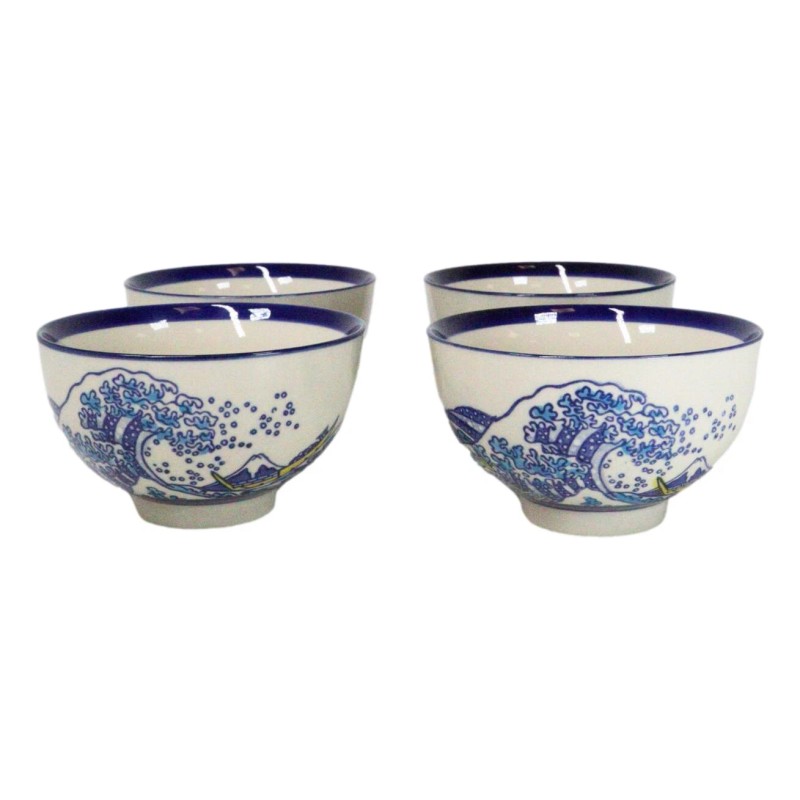 Pack Of 4 Blue Japanese Hokusai Great Wave Design Ceramic