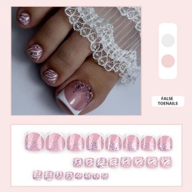 French Toe Nails False - 24pcs Short Square False Toenails With Glue - French Glitter Irregular Stripe with Rhinestones - Glossy Acrylic Full Cover False Nails Tip For Women Girls Nail Art