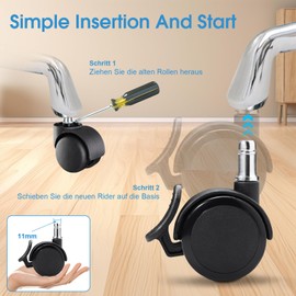 HUAERSICO Office Chair Castors - 11 mm x 22 mm, for Study Furniture Castors, Desk Chair Castors, Rubber Castors, Office Chair, Chair Castors, Gaming Chair Castors, etc., for All Types of Floors (2