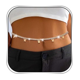 CanB Rhinestone Waist Chain Belt Butterfly Body Chain Thin Belly Chains Jewelry (Gold)
