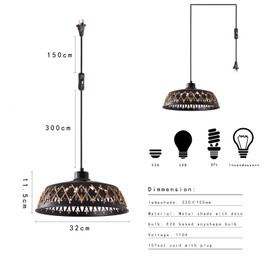 Plug in Pendant Light Industrial Hanging Light with Plug in Cord On/Off Switch Farmhouse Ceiling Lamp Vintage Chandelier Lighting Fixture Lamps Metal with Rattan Lampshade for Kitchen Island Bedroom