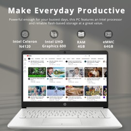 HP Premium Stream 14" HD BrightView Laptop, Intel Celeron N4120, 4GB RAM, 64GB eMMC, Intel UHD Graphics, HD Webcam, Bluetooth, WiFi, HDMI, Win 11s, Silver, 32GB Hotface USB Card (Renewed)