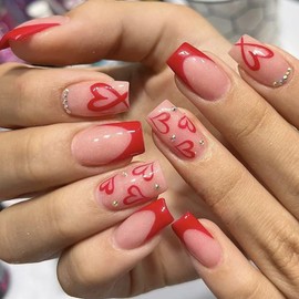 TELAIN Glue-On Nails, Pack of 24 Heart Artificial Nails with Jelly Glue, Nail File and Wooden Sticks, French Design for Valentine's Day