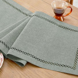 Aoztio Farmhouse Burlap Style Table Runner, Grey Table Runner 120cm Long, Linen Style Rustic Geometric Hollow Table Runners for Dining Holiday Parties and Daily Use - Grey, 120cm