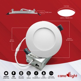 CanoLight Recessed Slim Pot Light with Junction Box, 9W 800LM, 5CCT 2700K-5000K, Dimmable, IC Rated Ceiling Light, High CRI >85, High Brightness, ETL & Energy Star (White, 4 Inch 1 Pack)