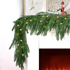 2PCS 6FT Pre-lit Norfolk Pine Garland with 60 Lights, Extra Full 80 Branches, Realistic Christmas Garland Holiday Greenery for Table Mantle Wall Winter Christmas Decorations