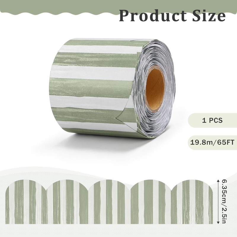 JarThenaAMCS 65Ft Stripe Bulletin Board Border Roll, Sage Green,Scalloped