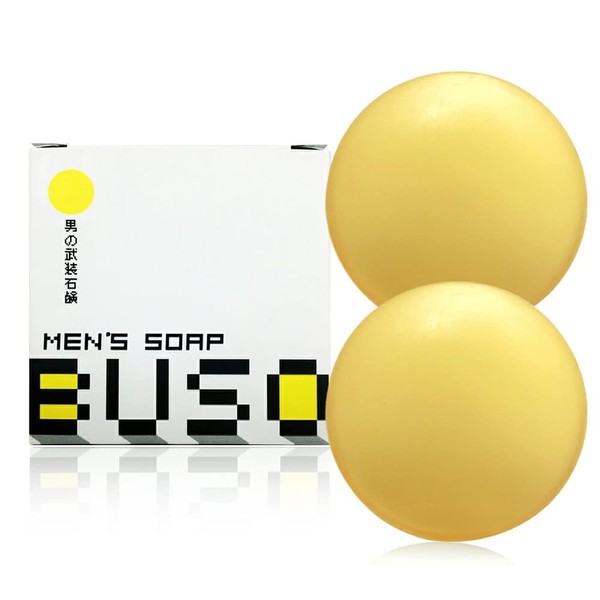 BUSO Facial Washing Soap, 2 Pieces, Men's Face Washing Soap, Foaming Net Included, Aging Odor, Sweat Odor, For 30s, 40s, 50s, Twice Morning and Evening, Approximately 1 Month Work, Face Washing Soap, Additive-free, Fulvic Acid, Solid Soap, Oily Skin, Mix
