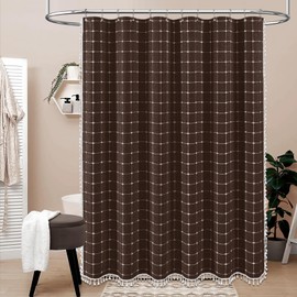 BTTN Boho Farmhouse Shower Curtain - Linen Rustic Heavy Duty Fabric Shower Curtain Set with Tassel, Water Repellent, Bohemian Vintage Country Thick Cloth Shower Curtains for Bathroom - Brown - 72x72