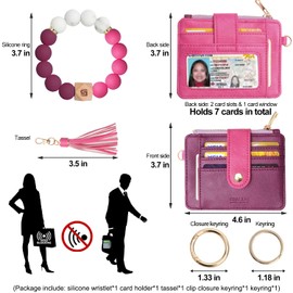 COOLANS Wristlet Bracelet Keychain Pocket Credit Card Holder Purse Tassel Keychain Bangle Key Ring for Women (Silicone Bead Bracelet+Card Purse (Pink&Purple))