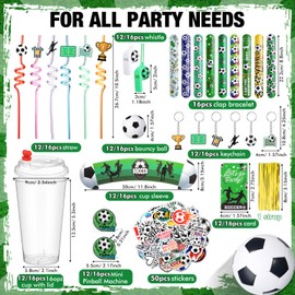 Seenelling 159 Pcs Soccer Party Favors Set Goodie Bag Stuffer with Cup Straw Sleeve Bouncy Ball Pinball Machine Whistle Keychain Sticker Clap Bracelet for Sport Reward Birthday Back to School Gift