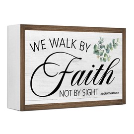 We Walk By Faith Not By Sight 2 Corinthians 5:7 Bible Verse Wooden Box Sign Desk Decor,Rustic Scripture Wood Block Plaque Sign for Christian Farmhouse Home Office Shelf Tabletop Wall Decor
