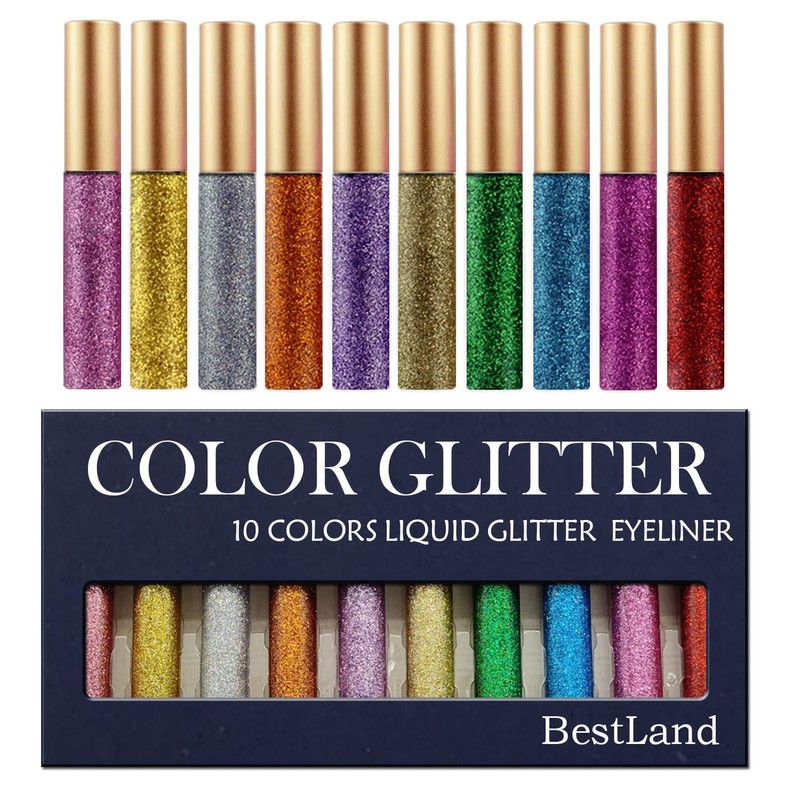 10 Colours Glitter Liquid Eyeliner Set - Shimmer, Smudge-Proof, Waterproof,