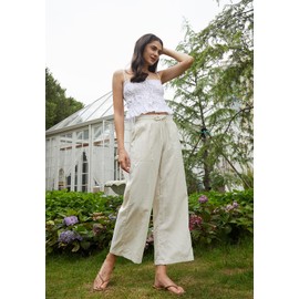 AFITNE Women's Wide Leg Linen Palazzo Pants Summer Casual Lounge Flowy Loose Capri Pants High Waisted Beach Trendy Trousers Cropped Boho Ankle Pants with Drawstring 2024 Spring Beige M 28"