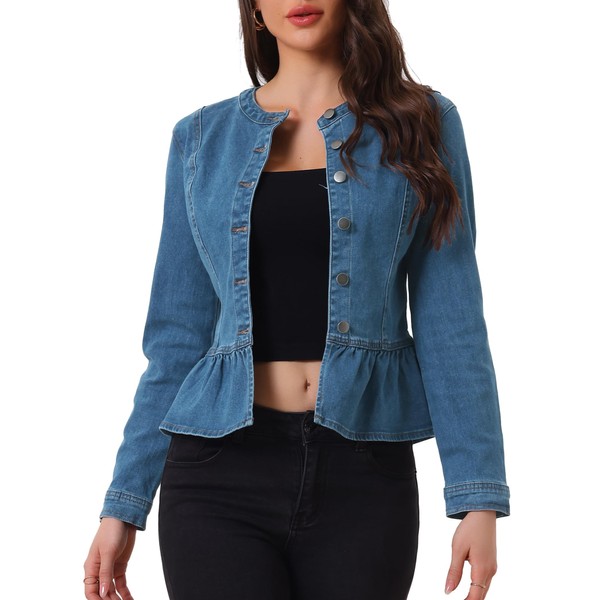 Allegra K Women's Peplum Button Down Cropped Ruffle Hem Denim