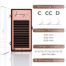 LINNY LASHES Eyelash Extension, D Curl, 16 Rows, Thickness 0.07, 0.05, 0.03, Length 8-15 mm, Mix Box, Lash Extensions (D-Curl 0.05, 12 mm)