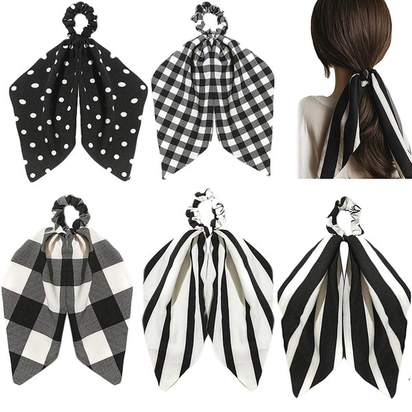 Black Yellow Scarf Scrunchies for Hair Ribbon Ties Bow Scrunchies with tail, Stripe Plaid Elastic Hair Scarf Black Hair Ties Bands Long Ponytail Scrunchies for Women (black white)