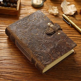 Acidea Leather Journal Notebook, Embossed Genuine Leather Journals for Writing, 200 Sheets (400Pages) Antique Blank Kraft Paper Diary, Vintage Sketchbook for Man Women Gifts (Dark Brown, 7.5”x 5.5”)