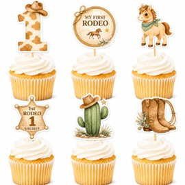 ALISSAR 36 Pcs My First Rodeo Cupcake Toppers, Western 1st Birthday Party Decor