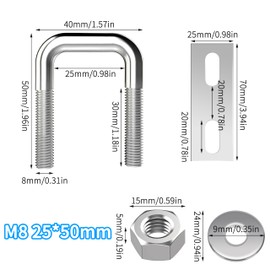 U Bolts M8 U Bolt Stainless Steel U U-Bolt with Nut Frame Plate Washer 25 mm Inner Width for Pipe Mounting M8 25 x 50 mm Pack of 2