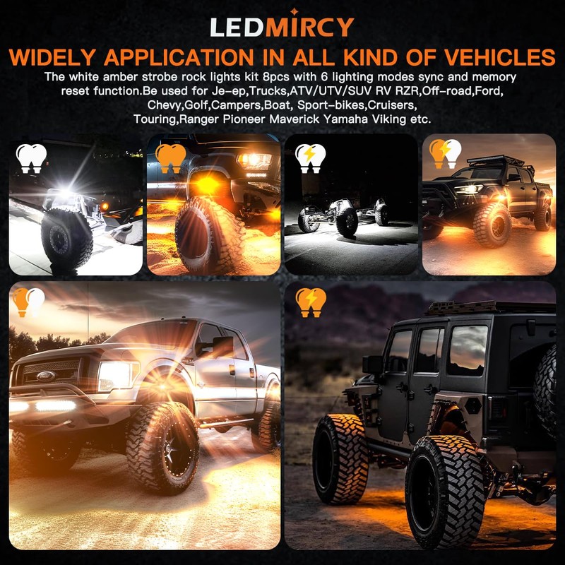 LEDMIRCY Switchback LED Rock Lights Kit White/Amber Strobe with Wiring