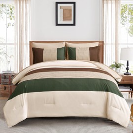 Striped Comforter Set King Size, Boho Brown Green Striped Bedding Comforter Set 7 Piece Bed in a Bag, Soft Microfiber Down Alternative Farmhouse Bedding Set for All Season(104"x90")