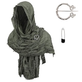 Dune Costume Desert Wasteland Hooded Shawl Scarf Brooch Paperclip Medieval Viking Half Cape Renaissance Outfit, Green 1, One Size